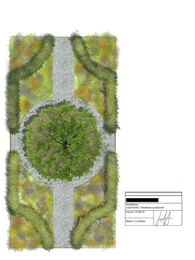 Gartenentwurf von Josef Huber mit einem Baum, Pflanzflächen und einem umlaufenden Weg